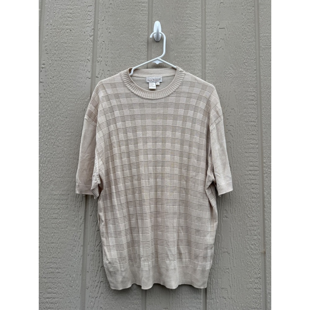 Norm Thompson XL Knit Sweater Vintage Silk Cotton Beige Textured Short Sleeve
